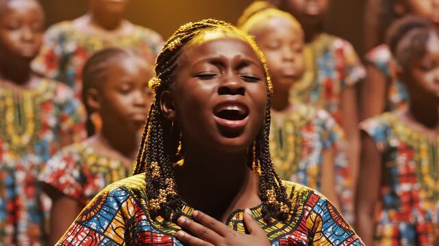 Young girl singing in choir highlighting geometric patterns and contemporary art