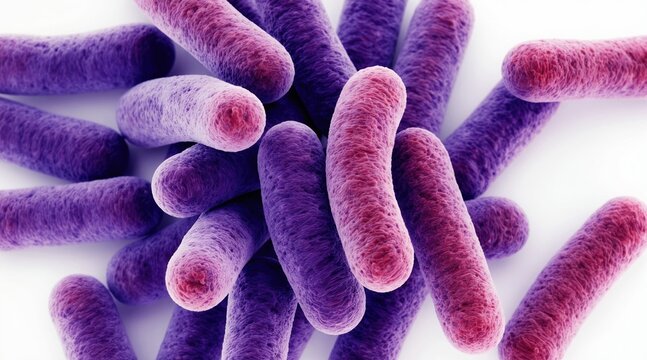 Close up of rod shaped bacteria, some purple some pink. Microscopic view of bacilli cells on clean white backdrop. Scientific illustration for medical research.