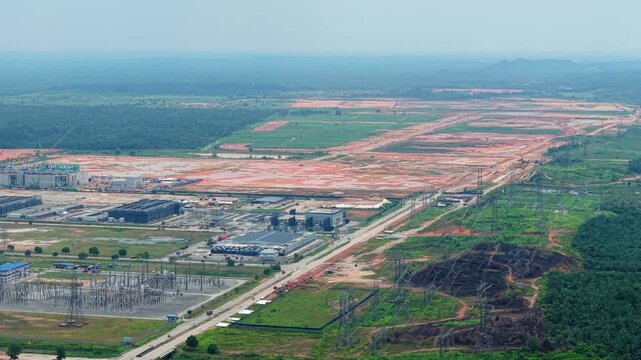 Aerial Push-In of Massive Greenfield Tech Park Expansion Zone with Data Center and Substation, Malaysia