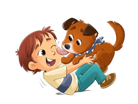 Little boy and dog playing in a very funny way