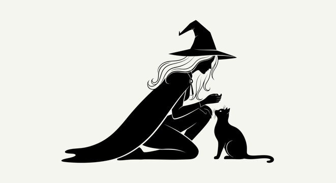 Enchanting Silhouette: A witch, cloaked in mystery and adorned with a pointed hat, shares a moment of affection with a sleek black cat, creating a captivating image of magical harmony. 