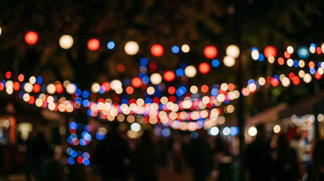  Blurred bokeh of festive string lights in red white and blue