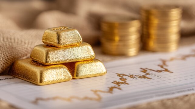 Gold bars and coins on financial chart background, symbolizing investment market trends and wealth accumulation in a modern economy setting