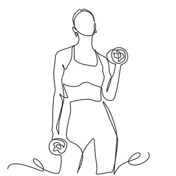 Female Sportswear Exercise with dumbbells - One Continuous Line Art Illustration