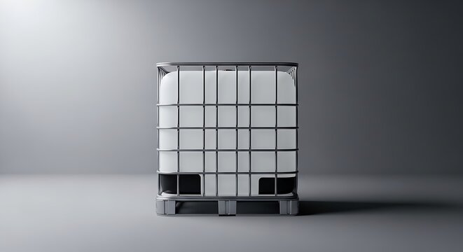 Industrial plastic ibc tank container with metal cage on a pallet. ibc container