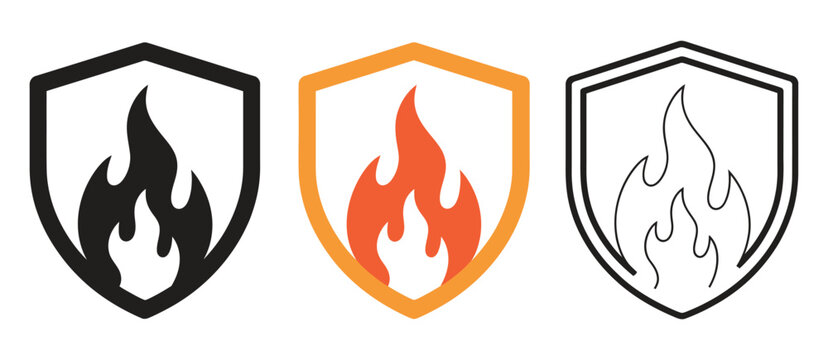Fire protection icon featuring shield and flame design, clean vector graphics for safety equipment, fire prevention, and hazard protection concepts