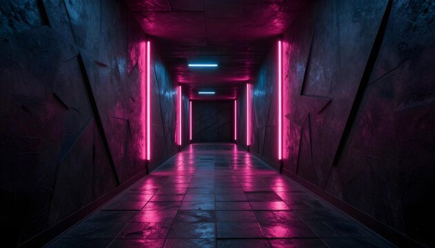 Futuristic dark corridor with vibrant pink and blue neon lights illuminating the path