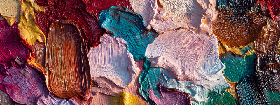 The texture of an abstract, rough, multicolored, organic, spring flower painting, with oil acrylic brushstrokes and pallet knife paint on canvas wallpaper (Generative Ai) is shown in a closeup.