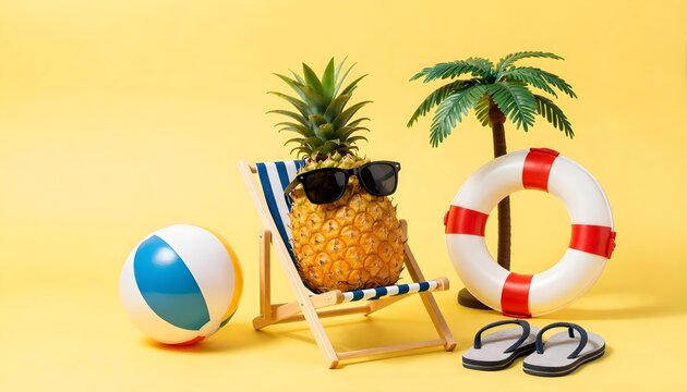 A styled pineapple in sunglasses relaxing on a beach chair with summer accessories