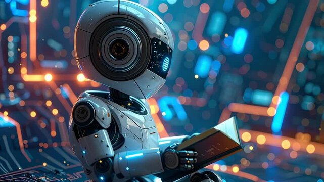 AI Robot Reading a Book in a Futuristic Digital Environment Representing Learning and Technology
