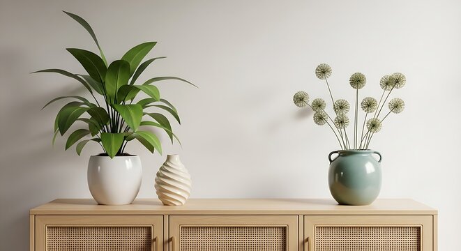Modern minimalist interior decor with potted plant and decorative vases on sideboard