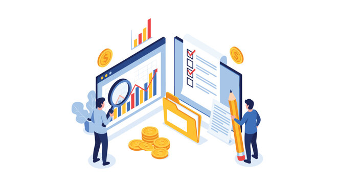 Comprehensive business data analysis concept shows professionals working with charts, documents, and folders in a detailed isometric view.