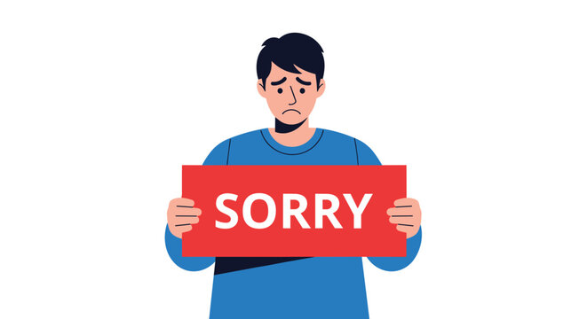 Sad young man looks down with a regretful expression while holding a bright red sign with the word SORRY written in white.