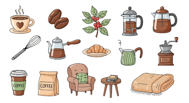 A set of coffee related items on a including cups and beans