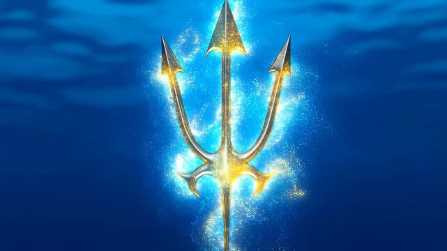 Golden trident glowing underwater with sparkling effects. Symbol of power and authority in mythology and fantasy themes