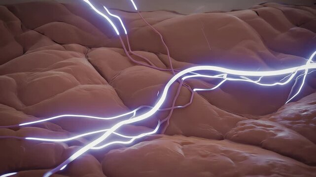 Organic tissue landscape resembling human body terrain, realistic textures,
glowing energy lines flowing like neural network across surface
