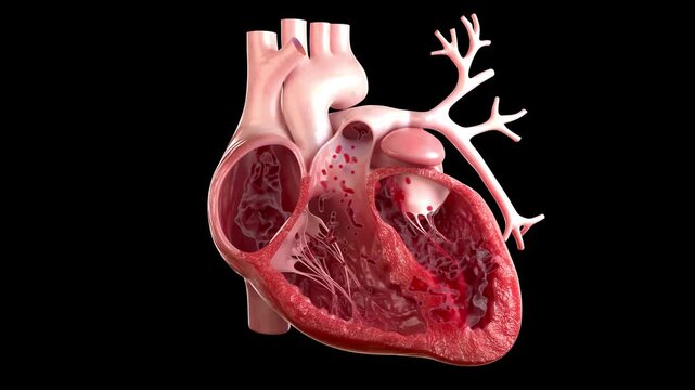 3D animation with alpha channel: blood flows through the beating heart, each heartbeat propels blood. Human heart anatomy diagram, pumping blood into the cardiovascular system. Depicts cardiovascular 