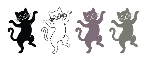 Playful Dancing Cats Vector Set, four happy feline characters in black, outline, purple, and gray, whimsical animal illustration for children's designs, pet-themed projects © Logan