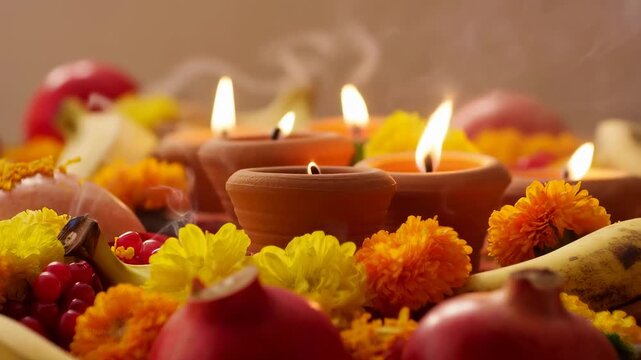 Colorful festive altar with candles, marigolds, and fruits for celebration. A vibrant display symbolizing tradition, spirituality, and cultural rituals