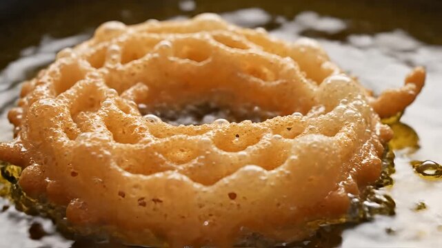 Closeup of a funnel cake being fried in hot oil at a fair.