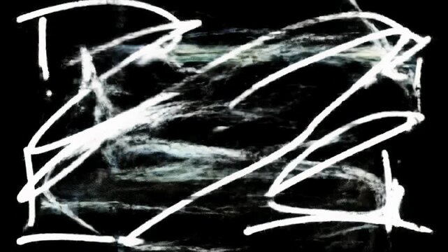 A static wide video shows abstract white flickering scribbles and chaotic shapes against a black background, pulsing with stroboscopic light, hints of blue/green. Concept of digital glitch art