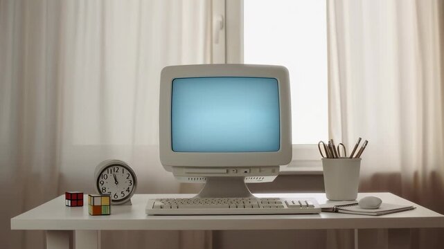 Vintage computer setup on a minimalist desk with a clock and Rubik's cube. Ideal for showcasing retro technology and workspace aesthetics