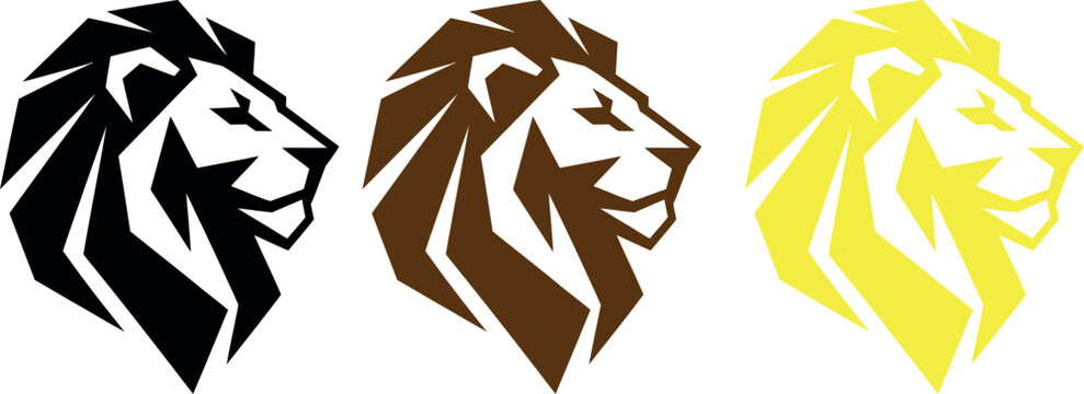 Three stylized lion heads in black, brown, and yellow colors