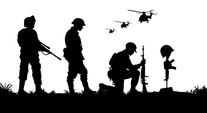 Silhouette background of sad military man soldier kneeling in front of fallen comrade grave during funeral. USA veteran army icon with gun rifle. Memorial day or fourth of july independence day banner