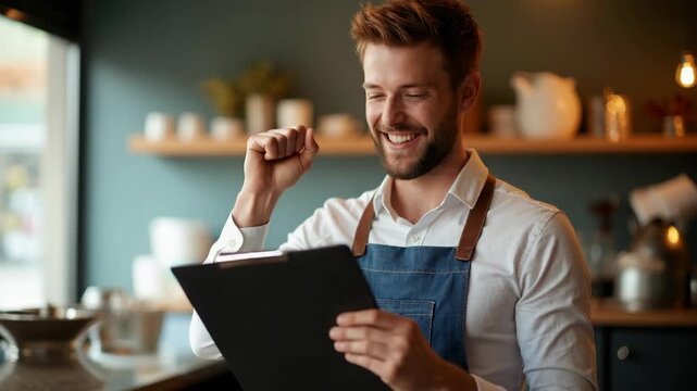 Barista standing in modern coffee shop, wearing apron and holding clipboard, planning work schedule or inventory. Cozy cafe background with warm lighting and coffee equipment.