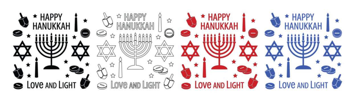 Happy Hanukkah vector icon set, festive Jewish holiday symbols, menorah, dreidel, Star of David, candles, and gelt in black, outline, red, and blue for greeting cards and banners