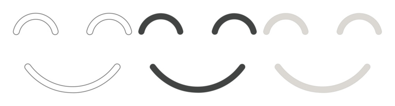 Minimalist smile icon set, abstract happy face vector elements, positive emotion graphic design assets for user interfaces and web design, black and white line art collection