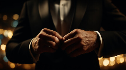 Fototapeta premium Elegant Man Adjusting Tuxedo at Night Luxury Fashion and Confidence Close Up with Warm Bokeh Lights