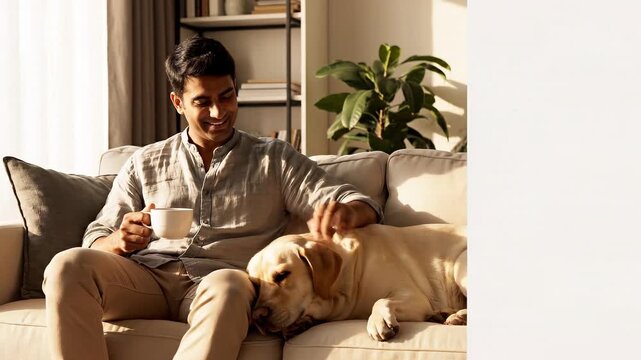 Man holding cup while petting dog