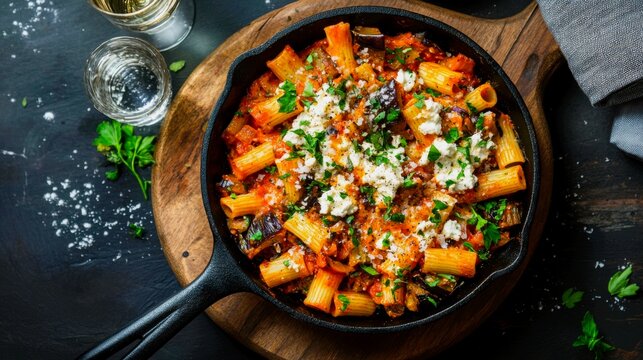 A vibrant, one-dish meal in a personal-sized, handled cast-iron skillet. The skillet contains rigatoni baked with roasted eggplant, ricotta salata