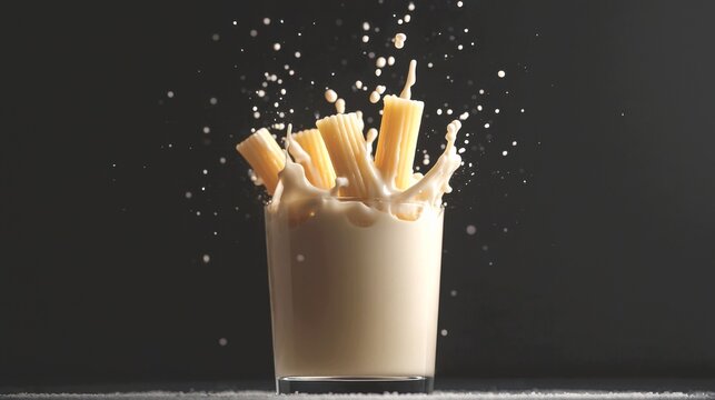  A single piece of rigatoni is dropped into a tall glass of creamy alfredo sauce (instead of water), captured at the moment of impact
