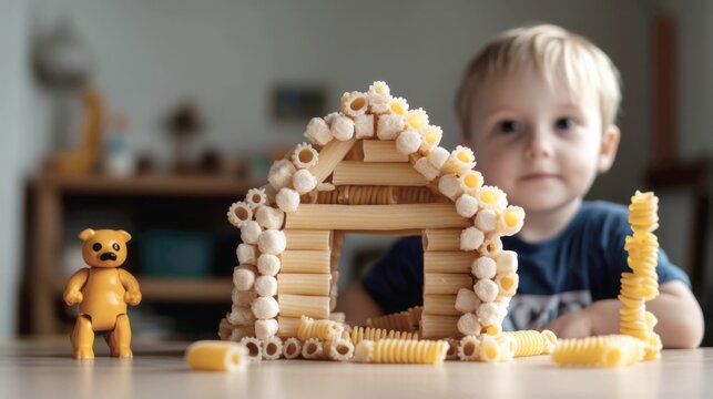 A child has constructed a miniature log cabin or fort using uncooked rigatoni pieces