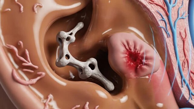 Professional 3D animation of human ear disorders showing inflammation infection fluid accumulation and eardrum damage with reduced vibration transparent layers reveal ossicles cochlea and nerves smoot
