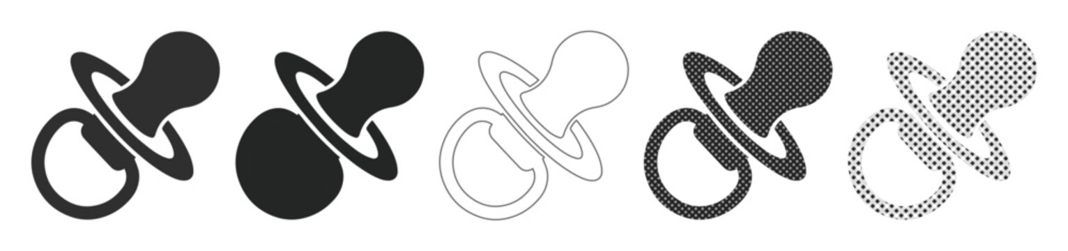 Baby Pacifier Icon Set, five black and white vector illustrations of infant soothers, essential nursery item graphics for childcare and parenting designs