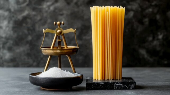 a high-end gourmet brand. A single, artisanal piece of giant rigatoni (rigatoni) is placed upright on a smooth, black marble surface