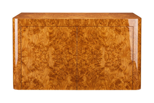 Burl wood cabinet with high gloss finish isolated. Luxury wooden sideboard furniture.