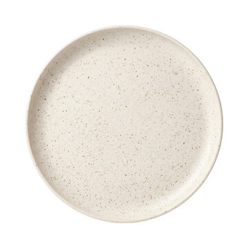 Ceramic speckled dinner plate top view isolated. Minimalist kitchen tableware mockup.