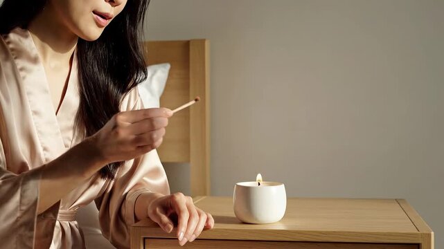 Woman lighting aroma candle slowly