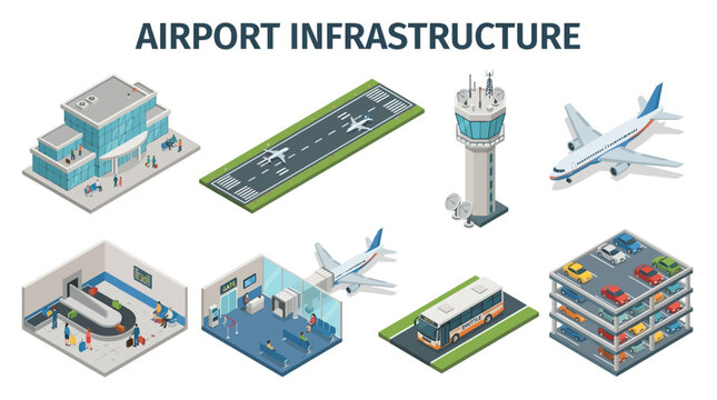 Airport Terminal Runway Control Tower Shuttle Bus and Parking Infrastructure