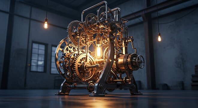 Intricate vintage mechanical clockwork mechanism with glowing light bulb
