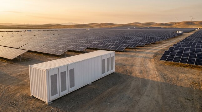 Solar panel farm with battery energy storage system container in a landscape at sunset, renewable energy infrastructure.