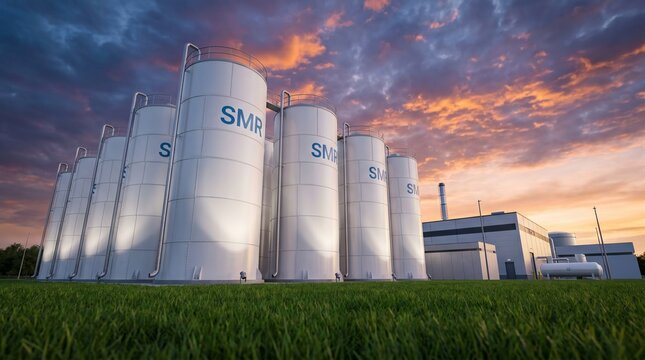 Modern SMR small modular reactor nuclear power plant facility with industrial storage tanks at sunset.
