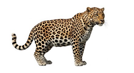 Naklejka premium Majestic leopard standing in profile, powerful wild jaguar with spotted fur pattern, exotic african panther predator in side view isolated on White Background