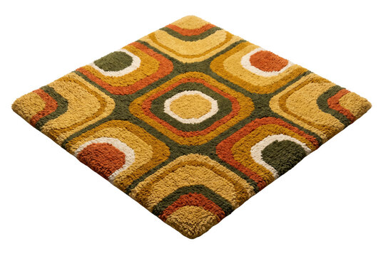 Retro 70s pattern shag rug isometric view isolated. Vintage psychedelic interior floor decor.