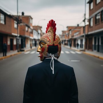 Man in Traditional Mask Walks Down Empty Street.