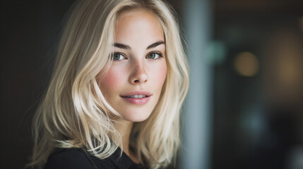 Fototapeta premium beautiful blonde woman walking in city smiling, happy scandinavian model with natural beauty walking outdoors, stylish young blonde woman smiling and enjoying urban lifestyle